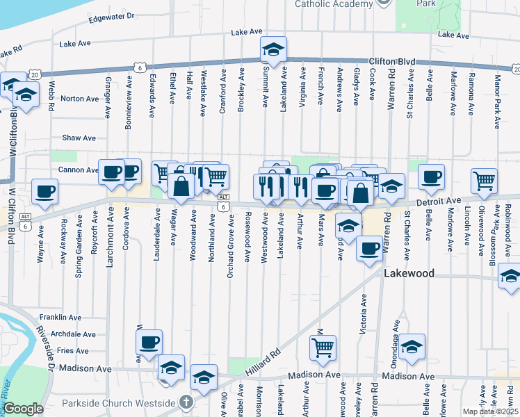 map of restaurants, bars, coffee shops, grocery stores, and more near 15622 Detroit Avenue in Lakewood
