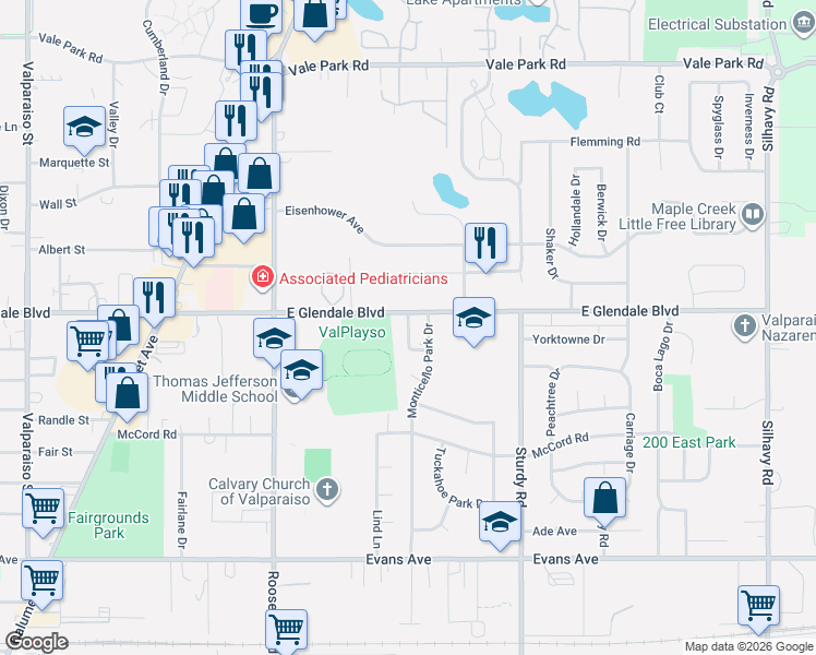 map of restaurants, bars, coffee shops, grocery stores, and more near 1201-1671 E Glendale Blvd in Valparaiso