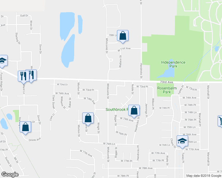 map of restaurants, bars, coffee shops, grocery stores, and more near 7327 Whitcomb Street in Merrillville