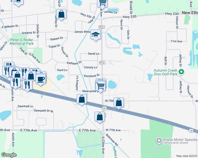 map of restaurants, bars, coffee shops, grocery stores, and more near 7039 Cline Avenue in Schererville