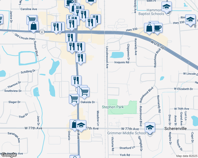 map of restaurants, bars, coffee shops, grocery stores, and more near 2029 Meadow Lane in Schererville