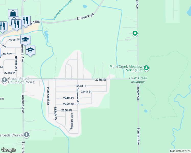 map of restaurants, bars, coffee shops, grocery stores, and more near 2741 East 223rd Street in Sauk Village