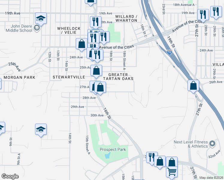 map of restaurants, bars, coffee shops, grocery stores, and more near 1648-1702 27th Avenue in Moline