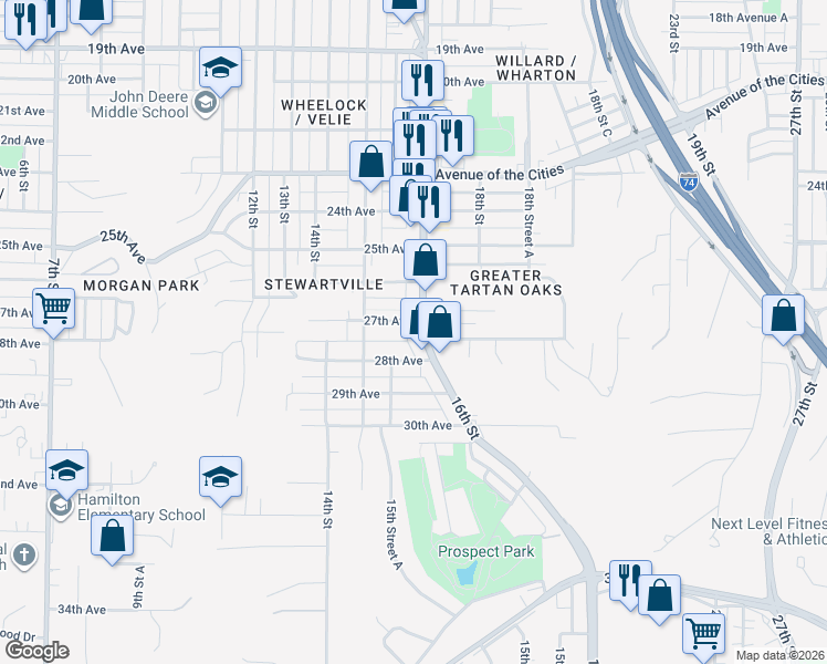 map of restaurants, bars, coffee shops, grocery stores, and more near 1536 Maple Ln in Moline