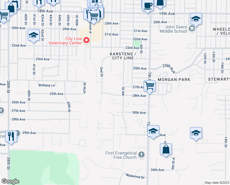 map of restaurants, bars, coffee shops, grocery stores, and more near 304 27th Avenue in Moline