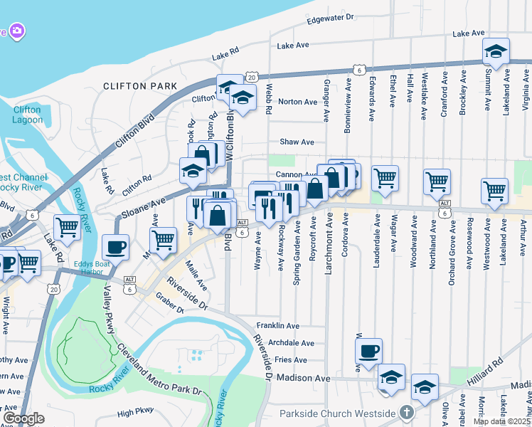 map of restaurants, bars, coffee shops, grocery stores, and more near 1372 Webb Road in Lakewood