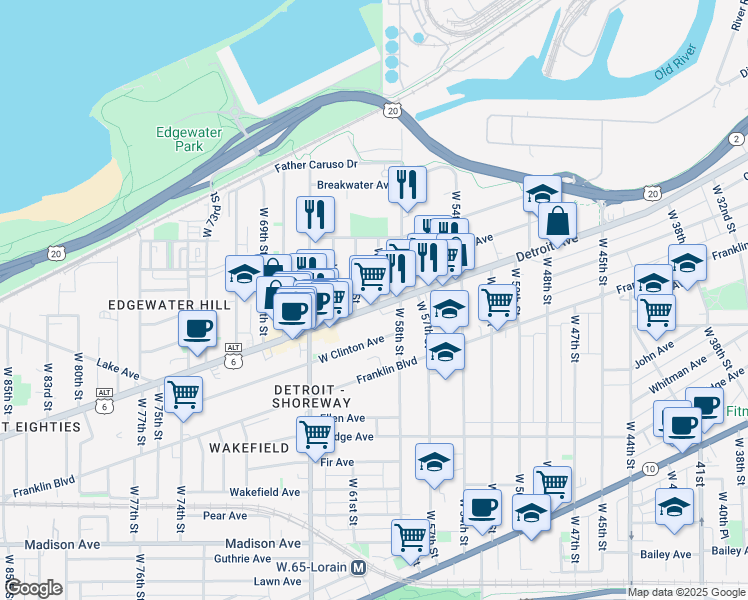 map of restaurants, bars, coffee shops, grocery stores, and more near in Cleveland