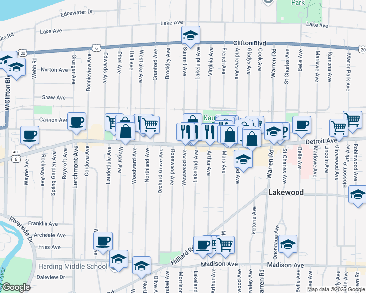 map of restaurants, bars, coffee shops, grocery stores, and more near 15622 Detroit Avenue in Lakewood