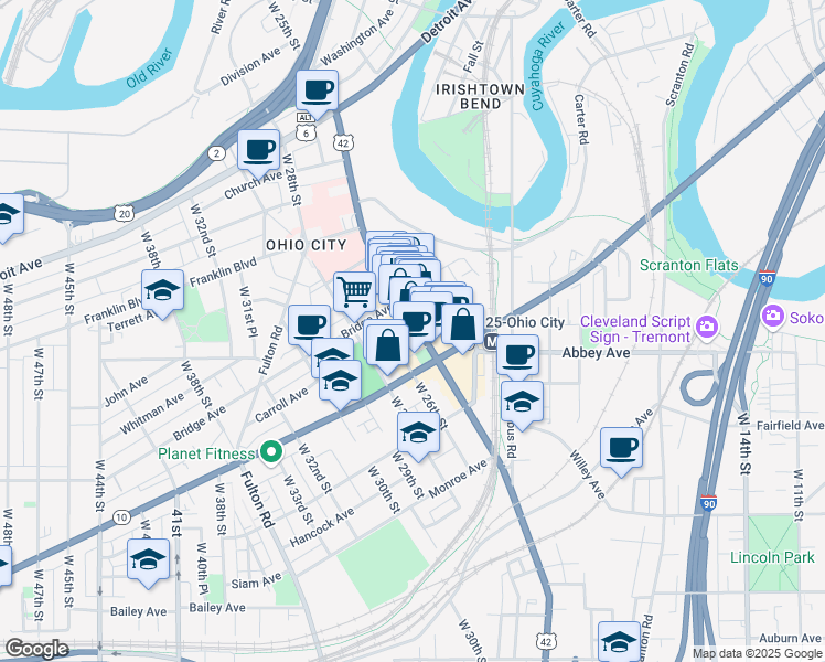 map of restaurants, bars, coffee shops, grocery stores, and more near in Cleveland