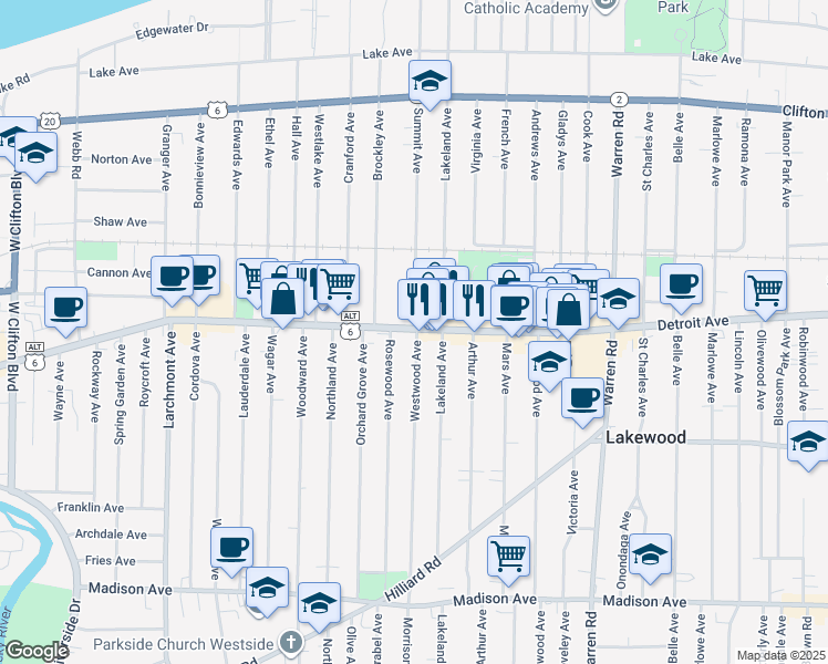 map of restaurants, bars, coffee shops, grocery stores, and more near 1411 Rosewood Avenue in Lakewood