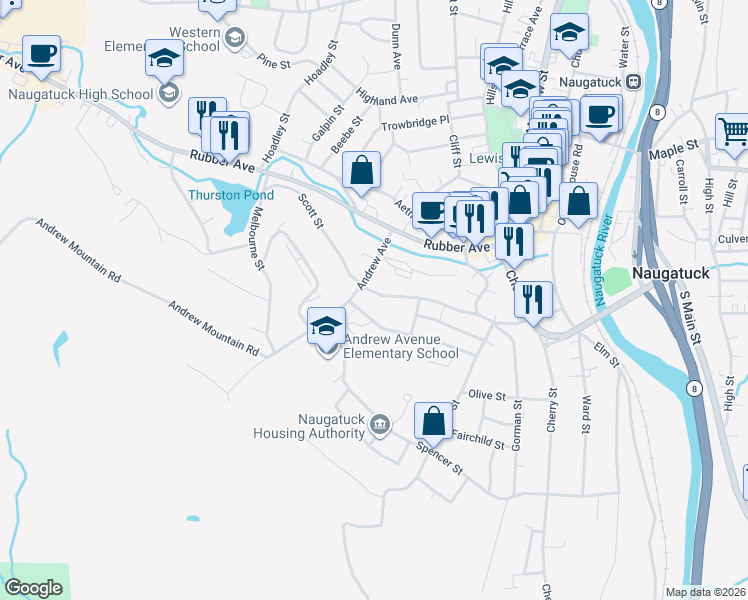 map of restaurants, bars, coffee shops, grocery stores, and more near 232 Scott Street in Naugatuck