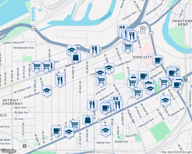map of restaurants, bars, coffee shops, grocery stores, and more near 4107 Franklin Boulevard in Cleveland