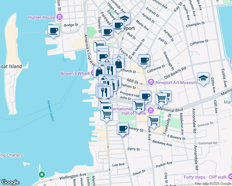 map of restaurants, bars, coffee shops, grocery stores, and more near 209 Spring Street in Newport