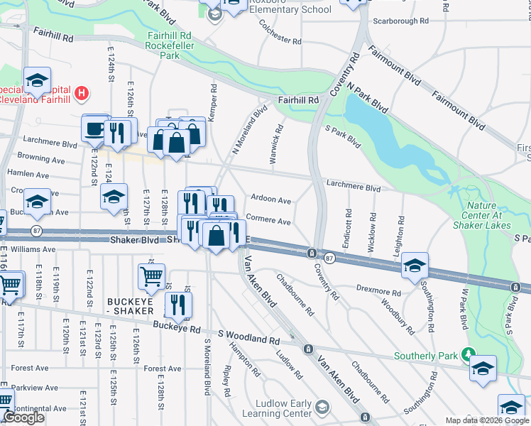 map of restaurants, bars, coffee shops, grocery stores, and more near 13620 Ardoon Avenue in Cleveland