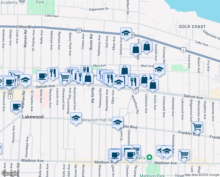 map of restaurants, bars, coffee shops, grocery stores, and more near in Lakewood