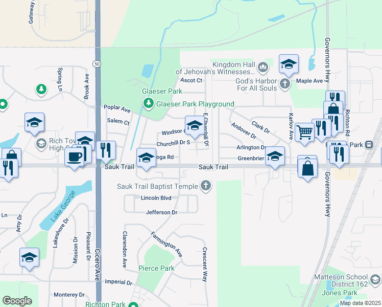 map of restaurants, bars, coffee shops, grocery stores, and more near 4435 Churchill Drive South in Richton Park