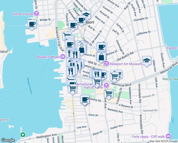 map of restaurants, bars, coffee shops, grocery stores, and more near 93 Pelham Street in Newport