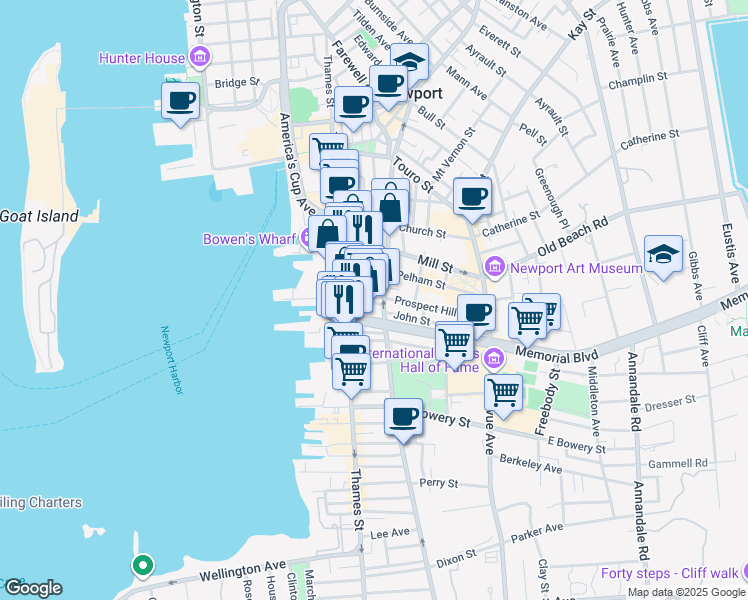 map of restaurants, bars, coffee shops, grocery stores, and more near 209 Spring Street in Newport