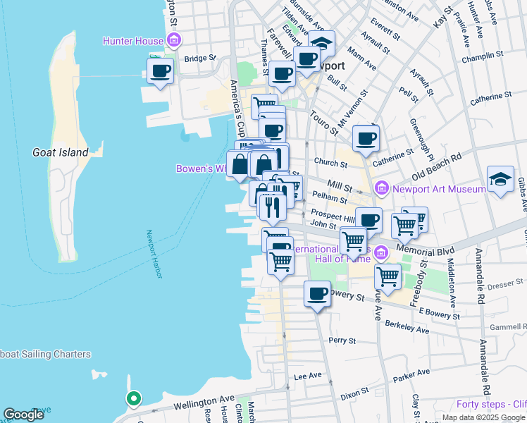 map of restaurants, bars, coffee shops, grocery stores, and more near 33 Commercial Wharf in Newport