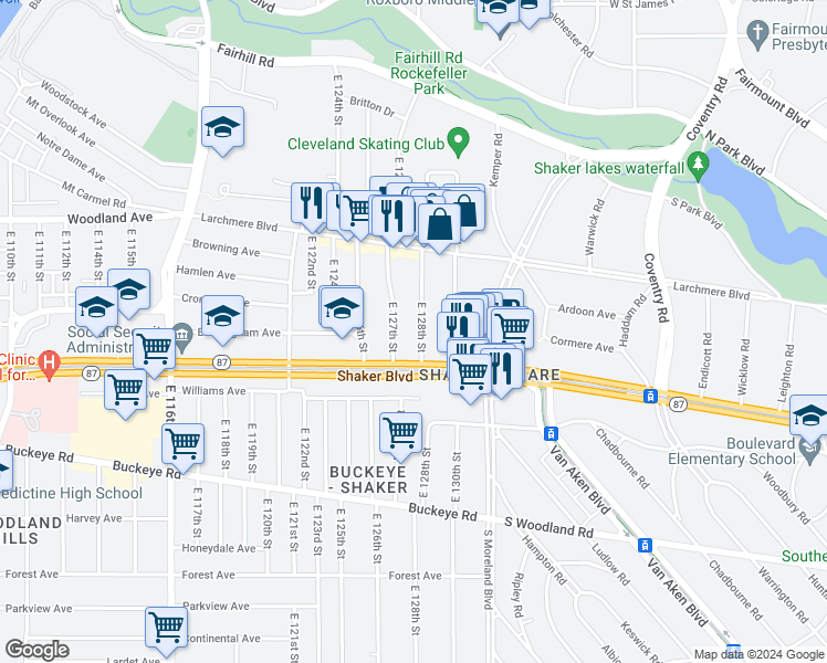 map of restaurants, bars, coffee shops, grocery stores, and more near 2677 East 127th Street in Cleveland