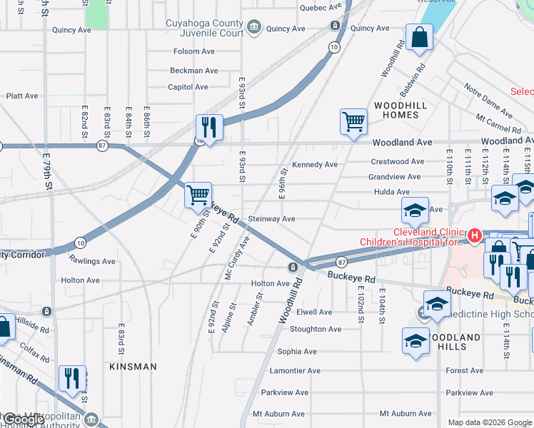 map of restaurants, bars, coffee shops, grocery stores, and more near 9508 Yeakel Avenue in Cleveland