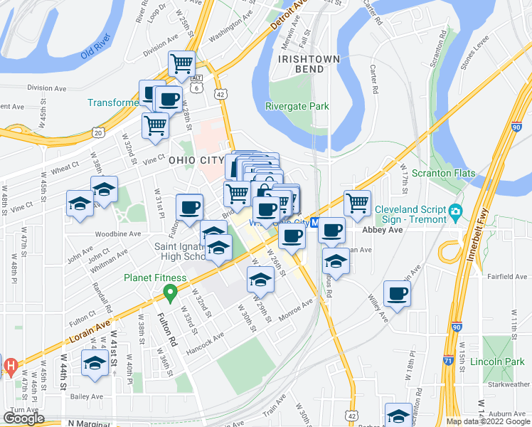 map of restaurants, bars, coffee shops, grocery stores, and more near in Cleveland