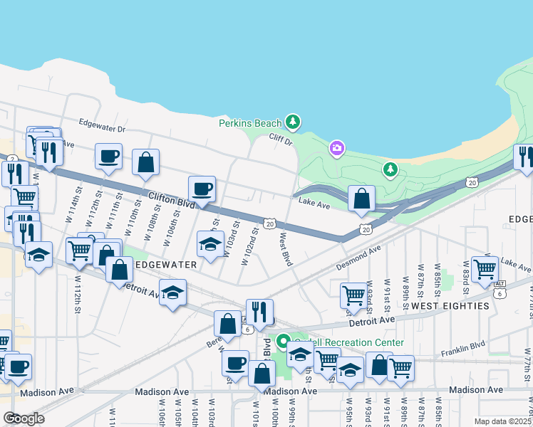 map of restaurants, bars, coffee shops, grocery stores, and more near 9907 Lake Avenue in Cleveland