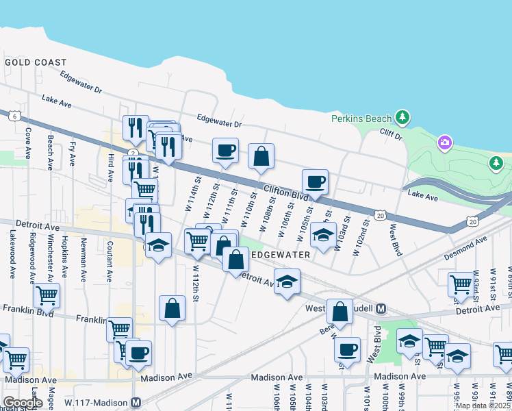 map of restaurants, bars, coffee shops, grocery stores, and more near 1264 West 108th Street in Cleveland