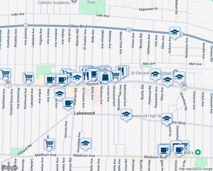 map of restaurants, bars, coffee shops, grocery stores, and more near 14404 Detroit Avenue in Lakewood