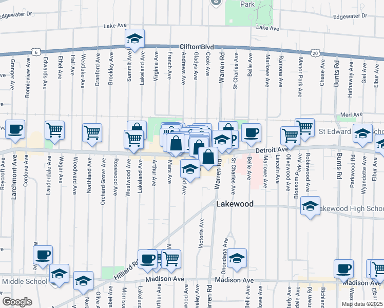 map of restaurants, bars, coffee shops, grocery stores, and more near 1385 Andrews Avenue in Lakewood