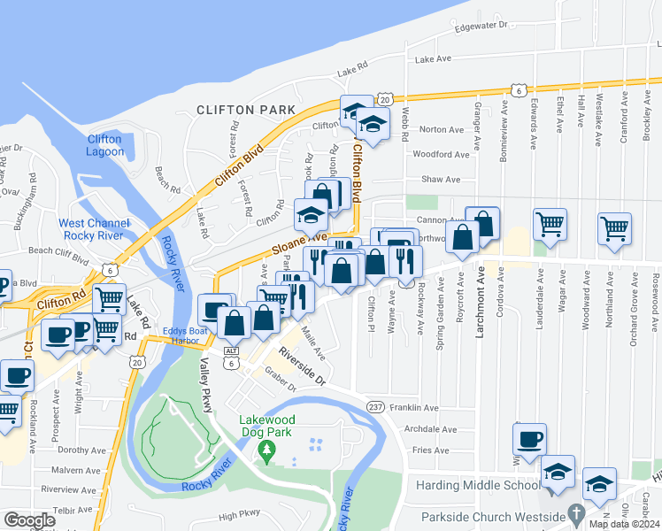 map of restaurants, bars, coffee shops, grocery stores, and more near 1347 Kenilworth Avenue in Lakewood