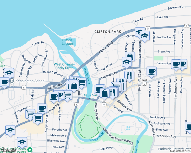 map of restaurants, bars, coffee shops, grocery stores, and more near 18818 Sloane Avenue in Lakewood