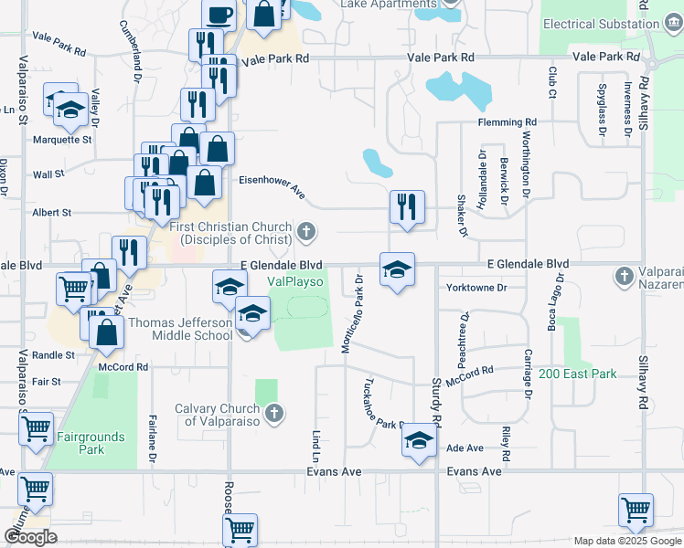 map of restaurants, bars, coffee shops, grocery stores, and more near 1201-1671 E Glendale Blvd in Valparaiso