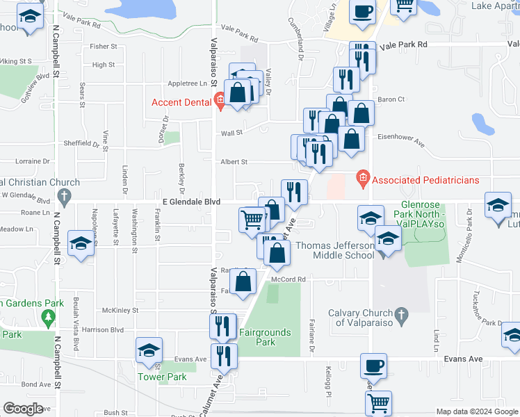 map of restaurants, bars, coffee shops, grocery stores, and more near 601 East Glendale Boulevard in Valparaiso