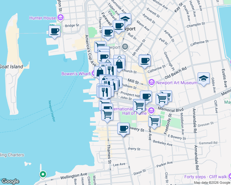 map of restaurants, bars, coffee shops, grocery stores, and more near 38 Franklin Street in Newport