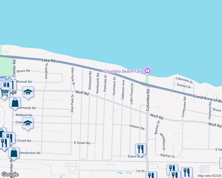map of restaurants, bars, coffee shops, grocery stores, and more near 335 Huntmere Drive in Bay Village