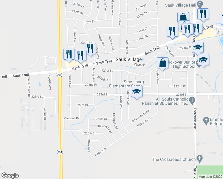 map of restaurants, bars, coffee shops, grocery stores, and more near 1840 222nd Place in Sauk Village