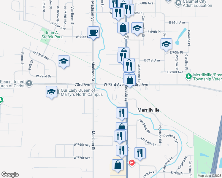 map of restaurants, bars, coffee shops, grocery stores, and more near 1-41 W Old Lincoln Hwy in Merrillville