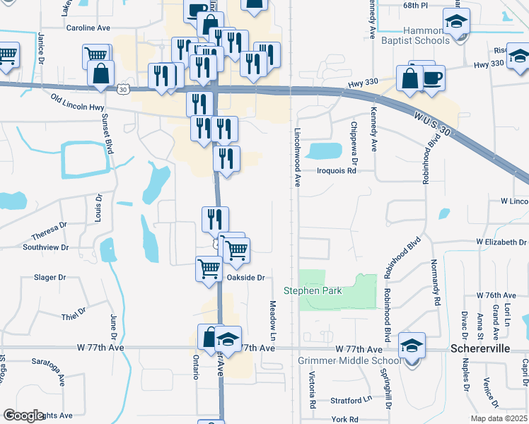 map of restaurants, bars, coffee shops, grocery stores, and more near 2030 Meadow Lane in Schererville