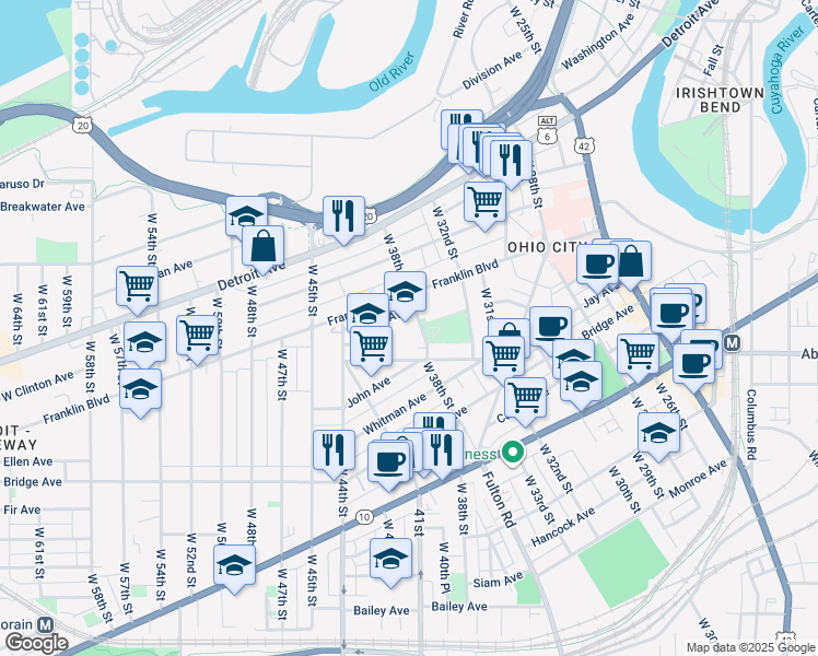 map of restaurants, bars, coffee shops, grocery stores, and more near 3805 Terrett Avenue in Cleveland