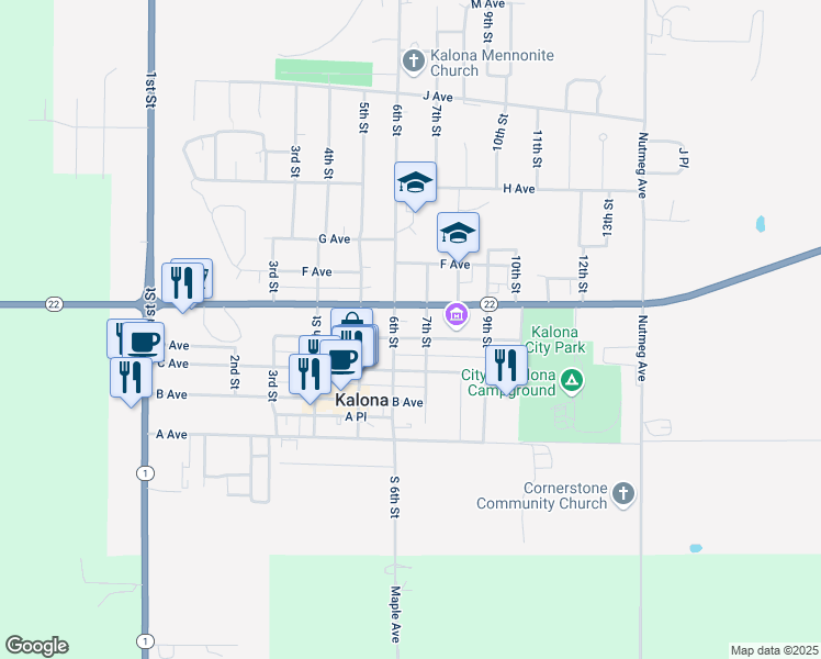 map of restaurants, bars, coffee shops, grocery stores, and more near 600-698 E Avenue in Kalona