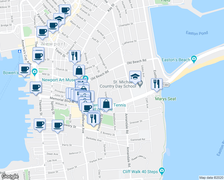 map of restaurants, bars, coffee shops, grocery stores, and more near 5 Red Cross Terrace in Newport