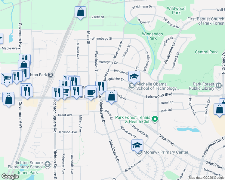 map of restaurants, bars, coffee shops, grocery stores, and more near 533 Wildwood Drive in Park Forest