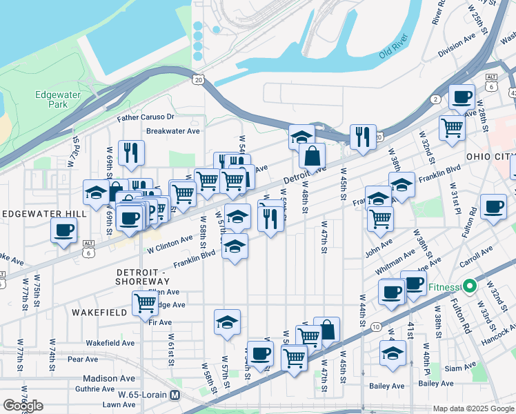 map of restaurants, bars, coffee shops, grocery stores, and more near 5209 Detroit Avenue in Cleveland