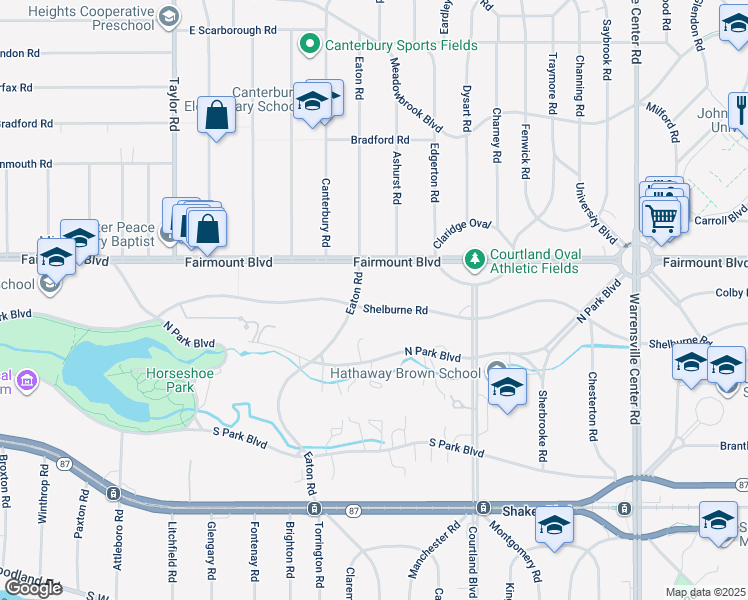 map of restaurants, bars, coffee shops, grocery stores, and more near 18801 Shelburne Road in Shaker Heights