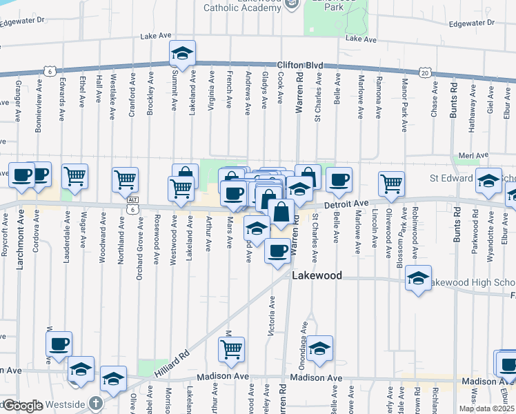 map of restaurants, bars, coffee shops, grocery stores, and more near 1385 Andrews Avenue in Lakewood