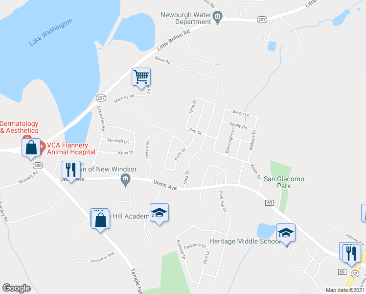 map of restaurants, bars, coffee shops, grocery stores, and more near 419 Philo Street in New Windsor
