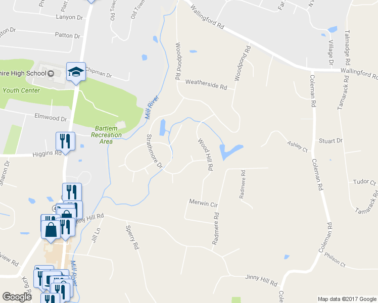 map of restaurants, bars, coffee shops, grocery stores, and more near 204 Cricket Court in Cheshire