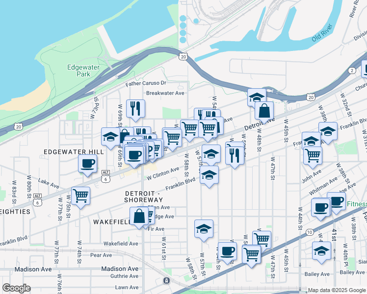 map of restaurants, bars, coffee shops, grocery stores, and more near in Cleveland