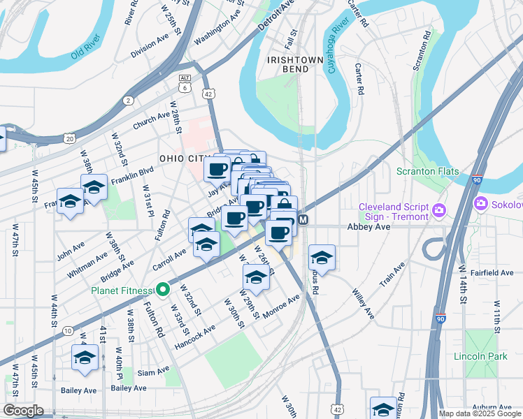 map of restaurants, bars, coffee shops, grocery stores, and more near 1979 West 25th Street in Cleveland